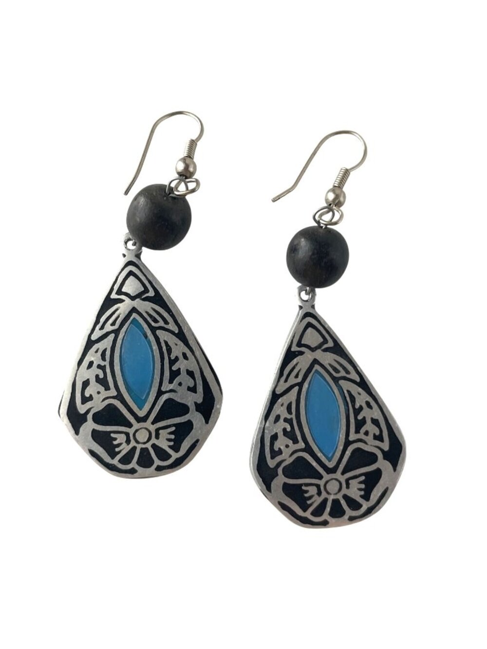 Vintage 1980s Art Nouveau Revival Teardrop Earrings Silvertone Blue Black Metal